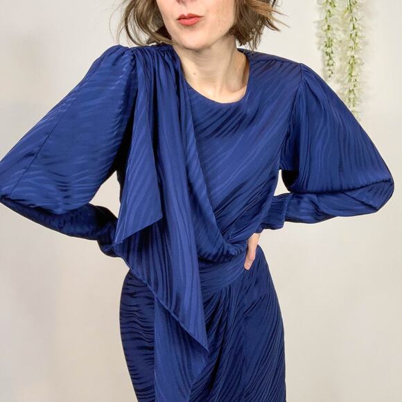 NWT RONNY KOBO 80s satin dress puff shoulder faux wrap draped - Picture 1 of 15